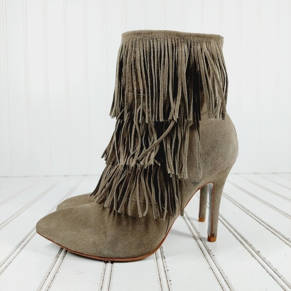 Chinese Laundry Kristin Cavallari Charm Fringe Taupe Brown Suede Bootie K308 - Picture 1 of 14